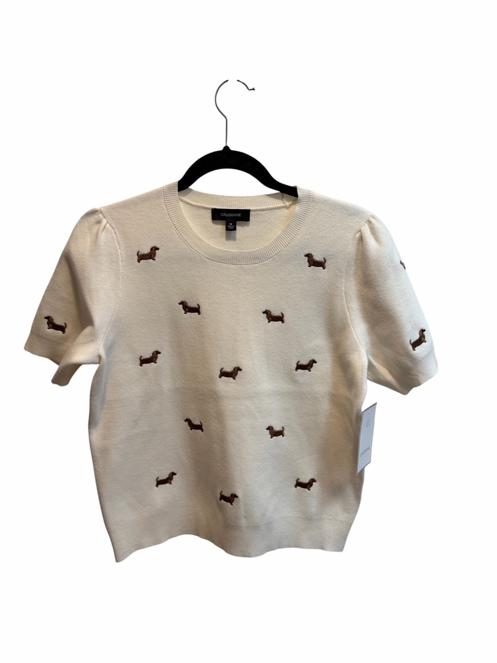 Cream Short-Sleeve Sweater with Brown Dog Motif